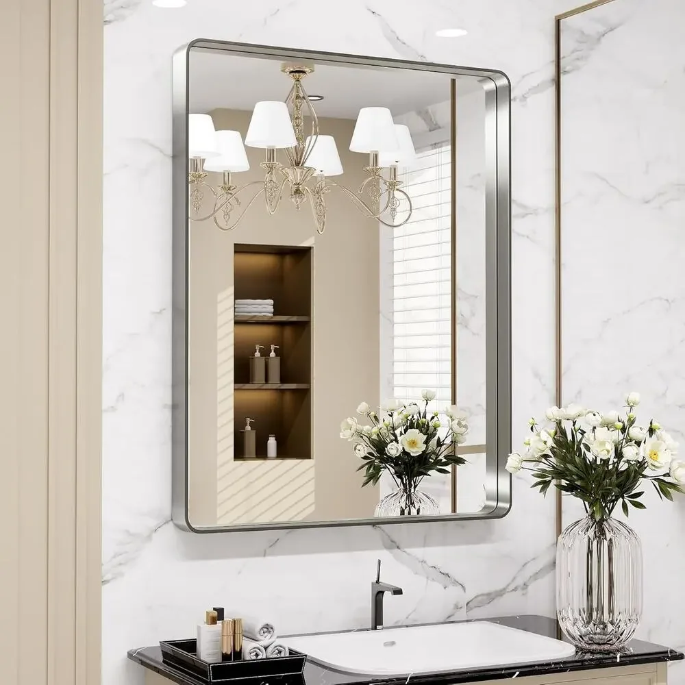 LOAAO 24X36 Inch Brushed Nickel Bathroom Mirror, Rounded Rectangle Silver Metal